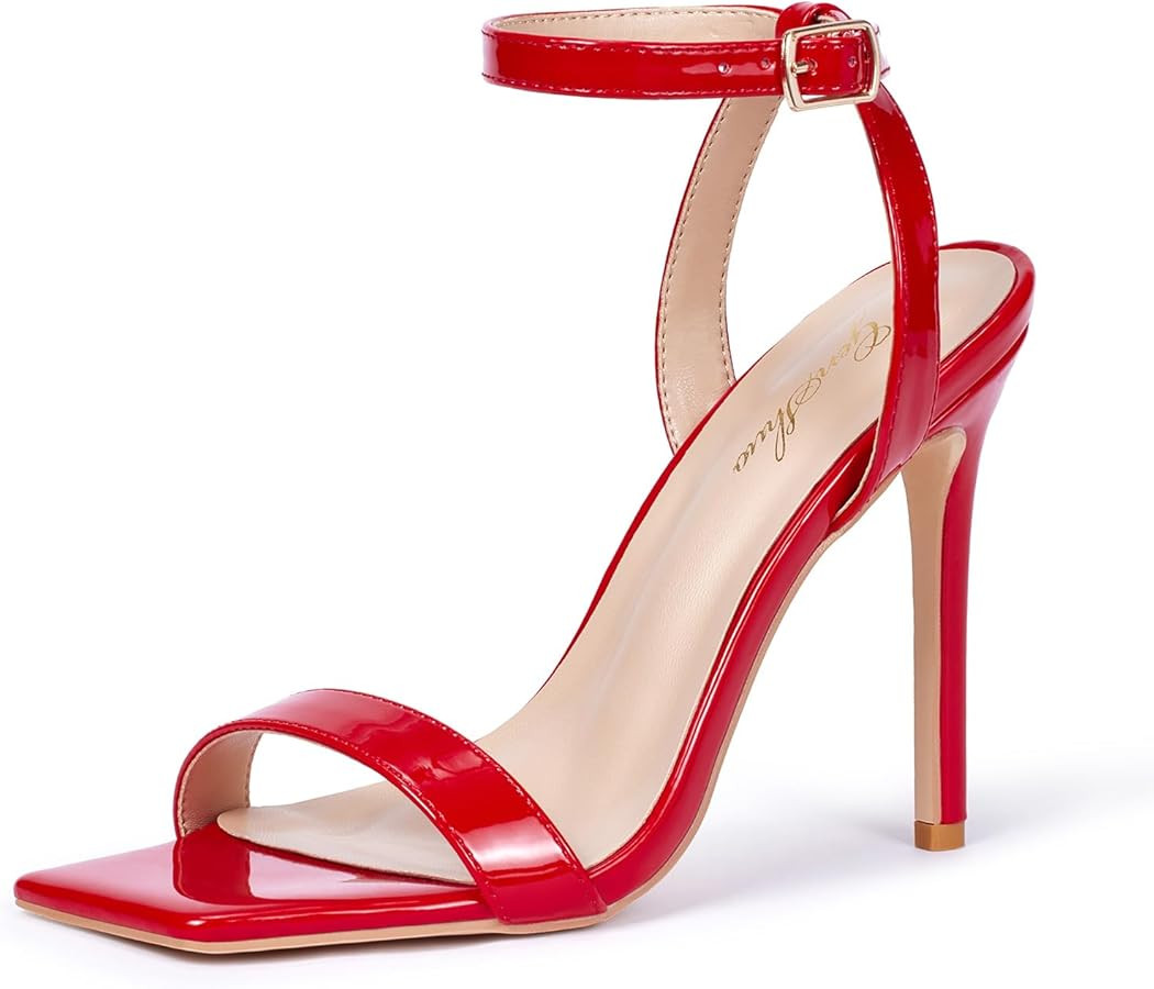 GENSHUO Women Stiletto High Heeled Sandals Open Square Toe Ankle Buckle Heels Sandals 4.3 Inch St... | Amazon (US)