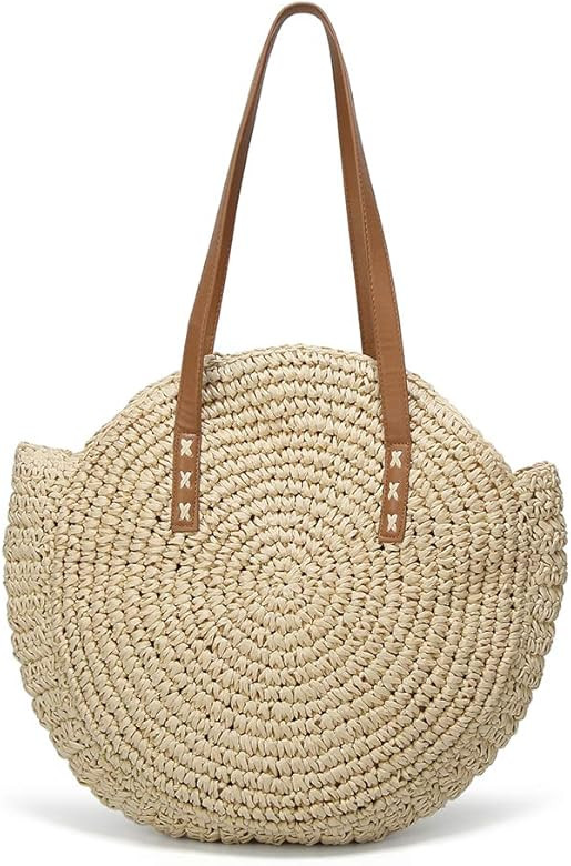 Women's Straw Handbags Large Summer Beach Tote Woven Round Pompom Handle Shoulder Bag | Amazon (US)