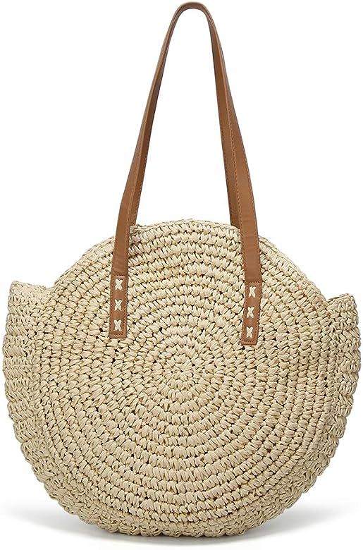 Women's Straw Handbags Large Summer Beach Tote Woven Round Pompom Handle Shoulder Bag | Amazon (US)