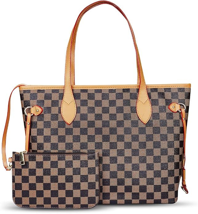 LASPERG Checkered Tote Shoulder Bag with Inner Pouch PU Vegan Leather V Style Bags Work Fit 13.3 ... | Amazon (US)