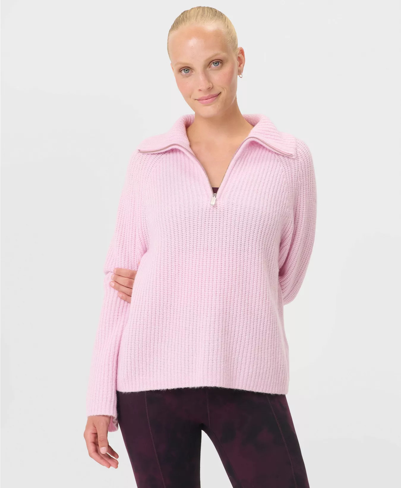 Knitted Funnel Neck Half Zip  - Frost Pink  | Sweaty Betty | Sweaty Betty UK