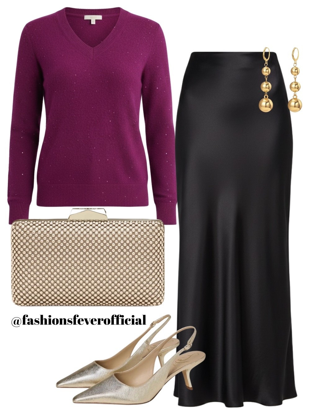 Holiday party outfit! Nye outfits for New Year's Eve party outfits. A plum sweater top with a satin skirt and gold accessories to complement the look. 

This look is apt for New Year’s parties, dinners etc that require glitz and glam party outfits. 

#LTKNye #LTKFashion #LTKStyletip

#LTKHoliday #LTKSeasonal

#LTKParty

#LTKHoliday #LTKSeasonal