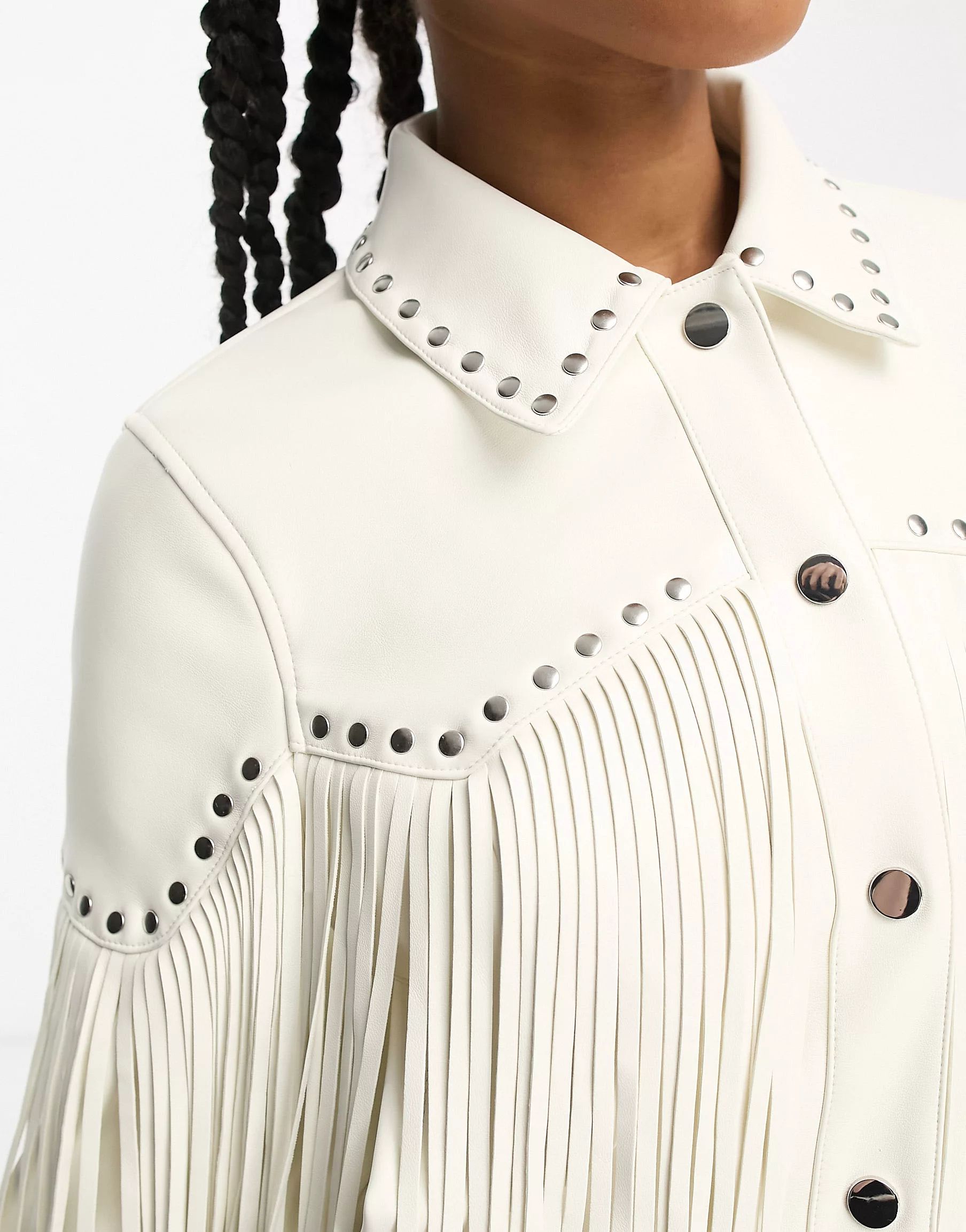 Miss Selfridge silver studded fringe detail faux leather jacket in white | ASOS (Global)