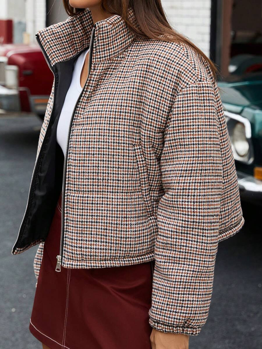 Aveloria Affinna Women's Winter Loose Casual Minimalist Stand Collar Houndstooth PrintPadded Insu... | SHEIN