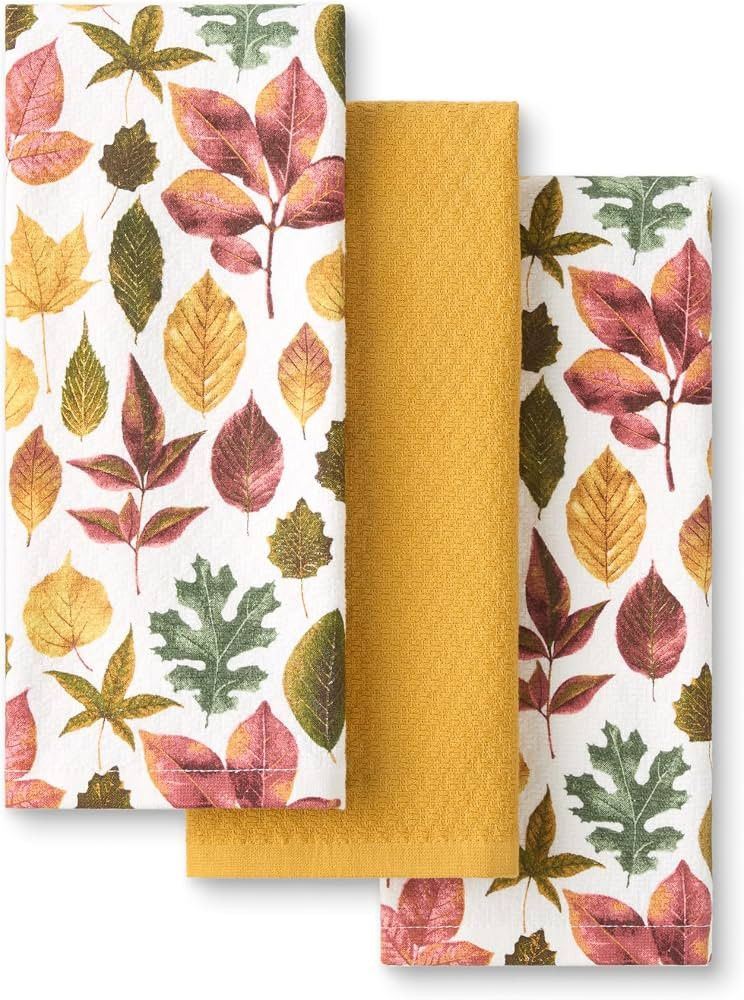 Martha Stewart Autumn Harvest Falling Leaves Kitchen Towel 3-Pack Set, 100% Cotton with Absorbent... | Amazon (US)
