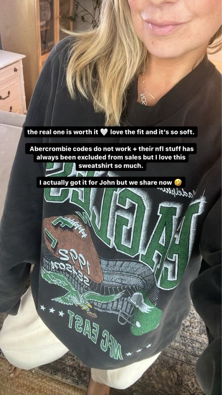 Eagles sweatshirt from Abercrombie. This is the xl ( got for John) and now keeping lol

Football outfit; Abercrombie; eagles sweatshirt 

#LTKfamily #LTKfindsunder100 #LTKfindsunder50