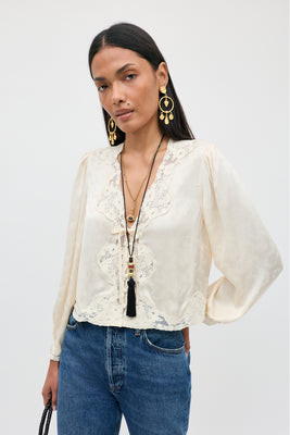 Tove Satin Jacqaurd Top in Cream Floral Trail Jacquard Champagne | Rixo