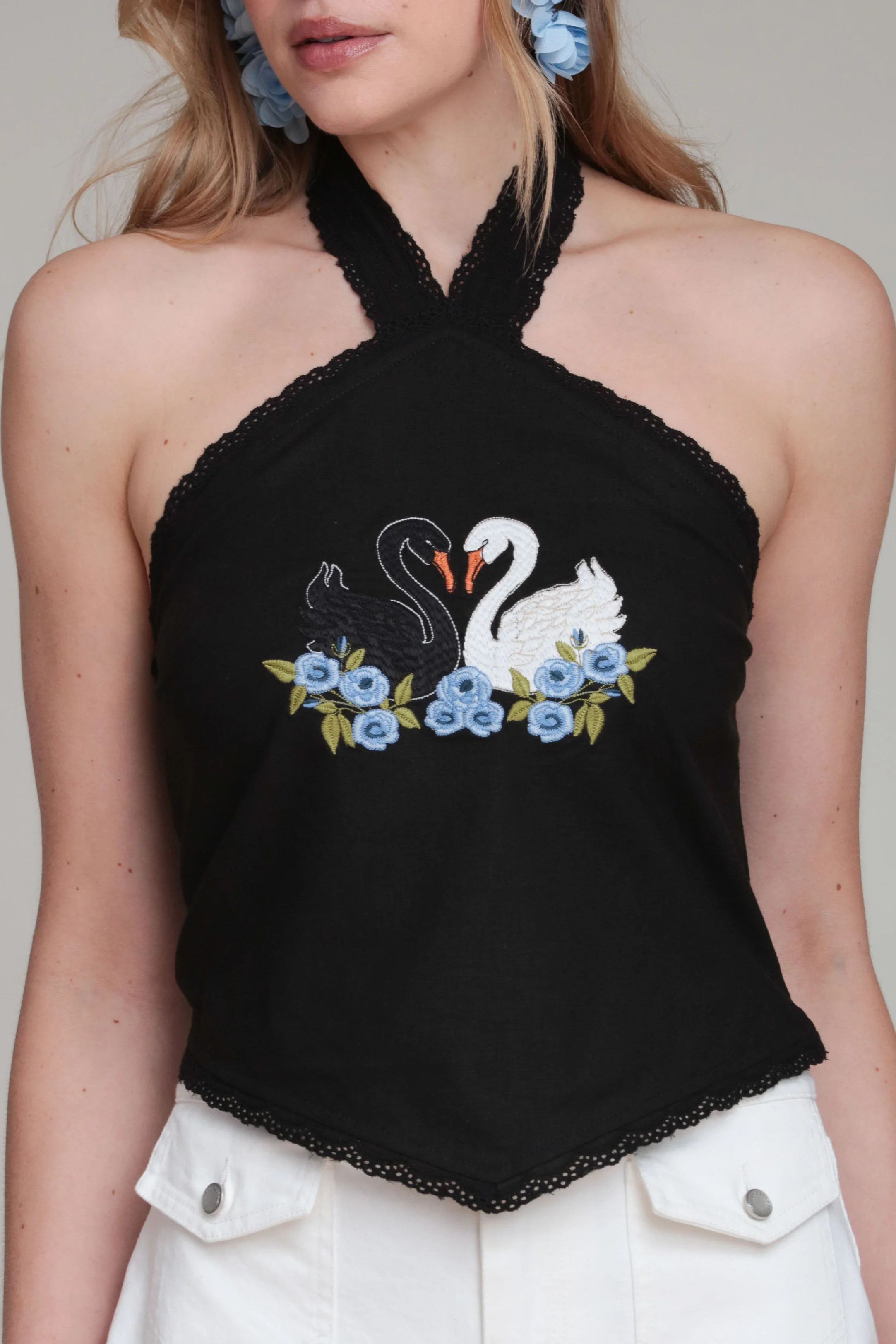Swan Embroidered Halter Top | Avec Les Filles