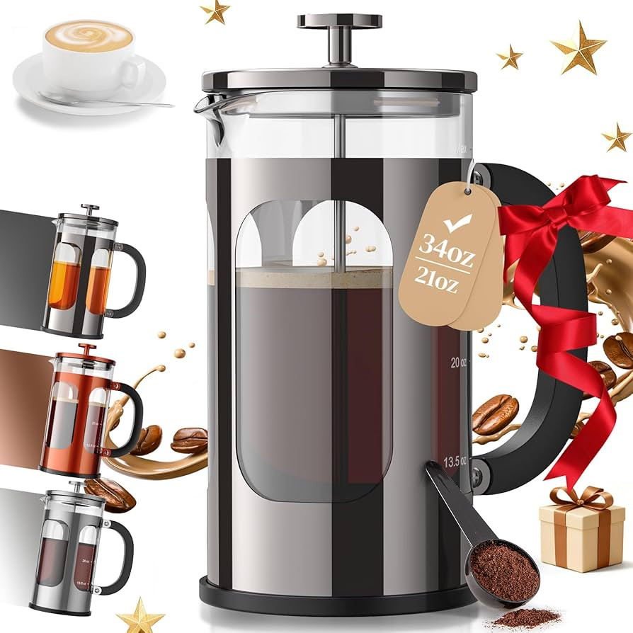 Veken French Press Coffee Maker 34oz,No Plastic Touching Cafe,Thickened Borosilicate Glass Stainl... | Amazon (US)