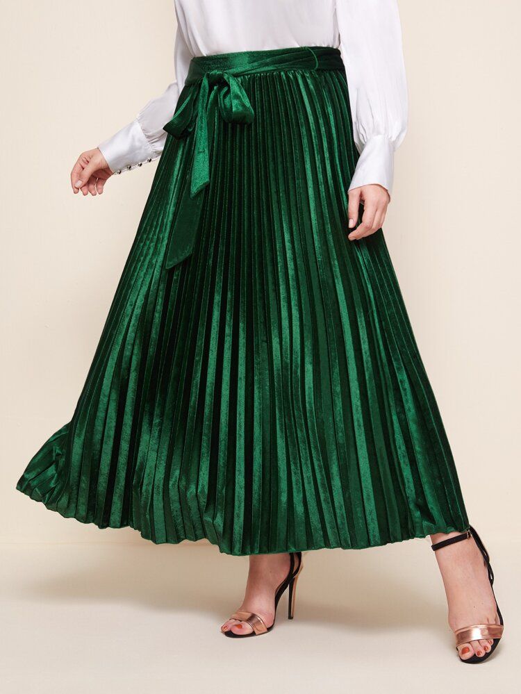 SHEIN Plus Self Belted Pleated Velvet Skirt | SHEIN