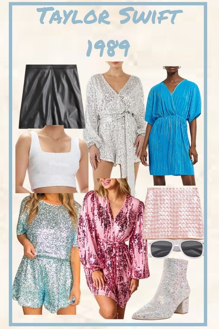 Taylor Swift Concert outfits. Taylor Swift Eras Tour outfit ideas. Eras tour outfits. Concert outfits. Blue sequin dress. Silver sequin romper. Two-piece sequin top and shorts. Pink sequin wrap dress. Floral sequin mini skirt. Sequin ankle boots. Faux leather mini skirt. White sequin crop top. Metallic dress  White sunglasses 
.
.
.
… 

#LTKSeasonal #LTKFestival #LTKstyletip
