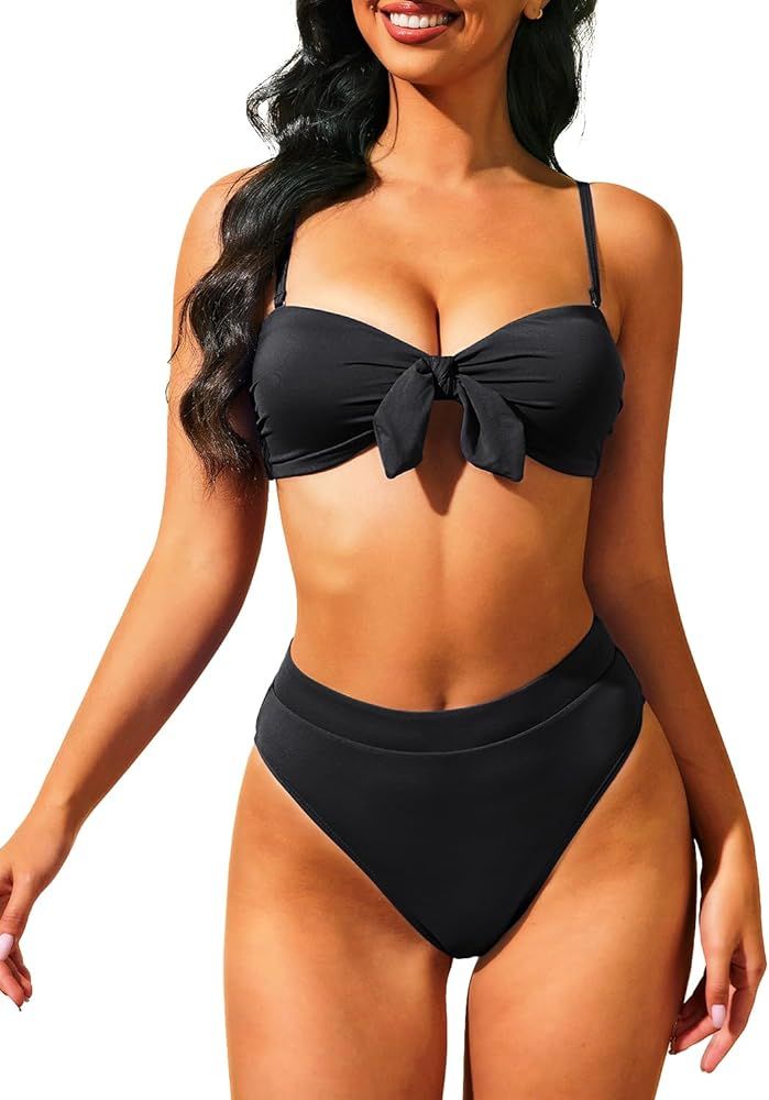 Holipick Women's Bandeau Bikini Set High Waisted Swimsuit Front Tie Knot Two Piece Bathing Suit | Amazon (US)