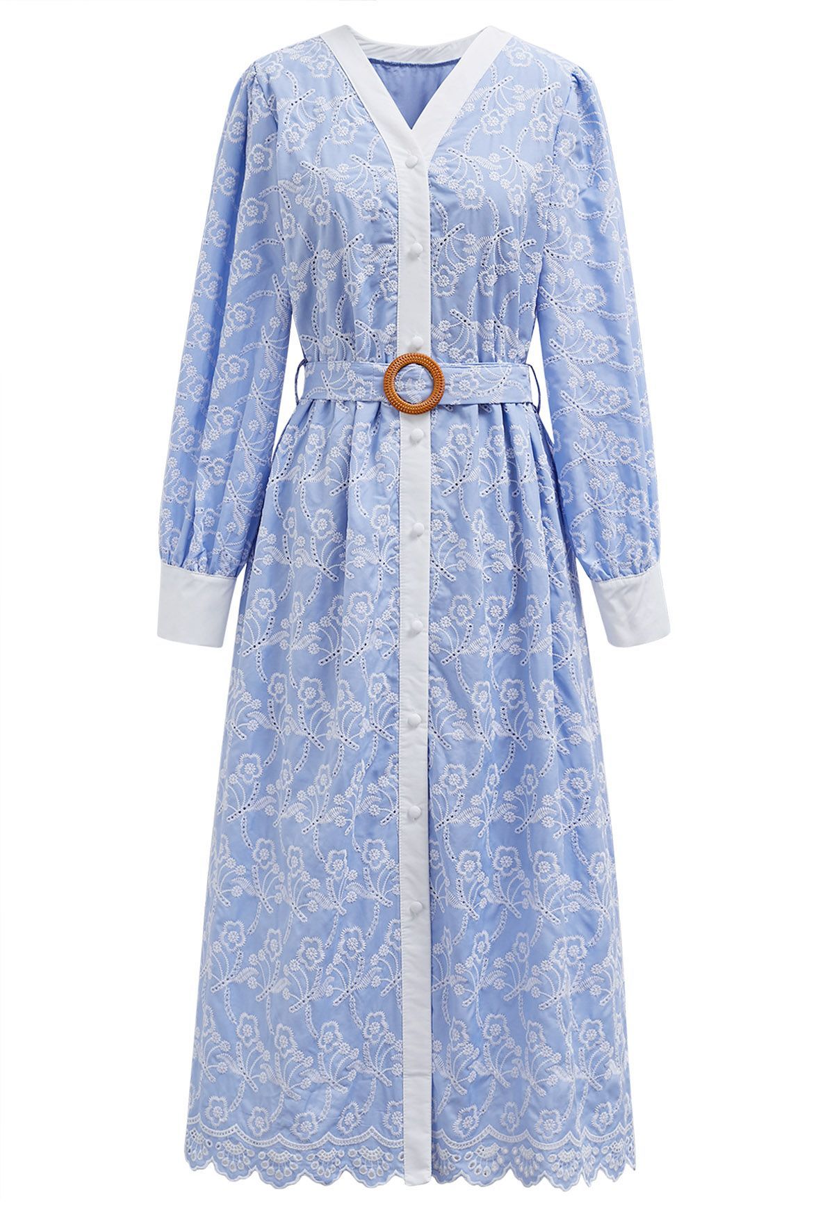 Dancing Floret Embroidered Button Down Dress in Baby Blue | Chicwish