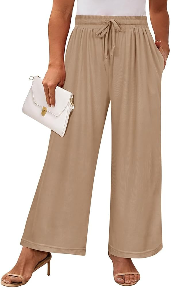 RITERA Womens Plus Size Elastic Waist Wide Leg Pants with Pockets Casual Loose High Waist Pleated... | Amazon (US)