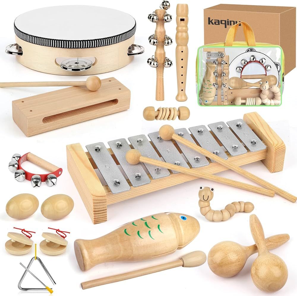 kaqinu Kids Musical Instruments, 23 Packs Toddlers 100% Natural Wooden Music Percussion Toy Sets ... | Amazon (US)