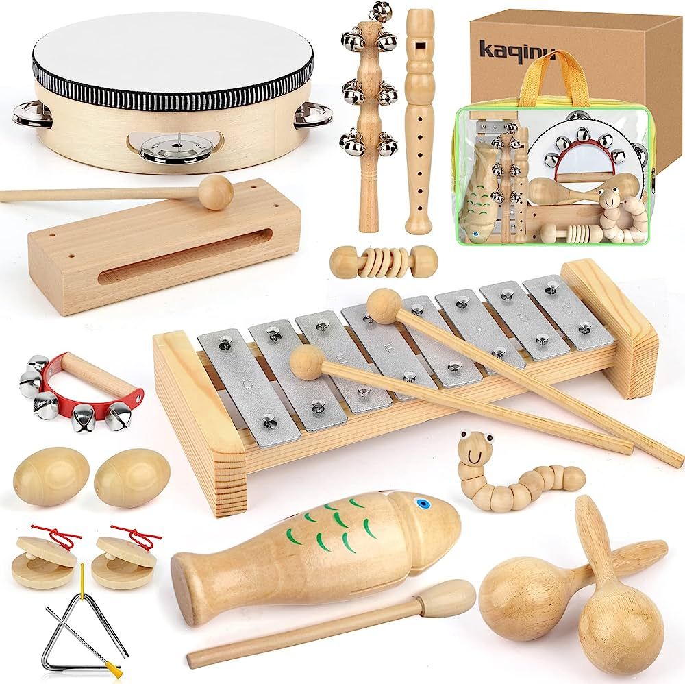 kaqinu Kids Musical Instruments, 23 Packs Toddlers 100% Natural Wooden Music Percussion Toy Sets ... | Amazon (US)