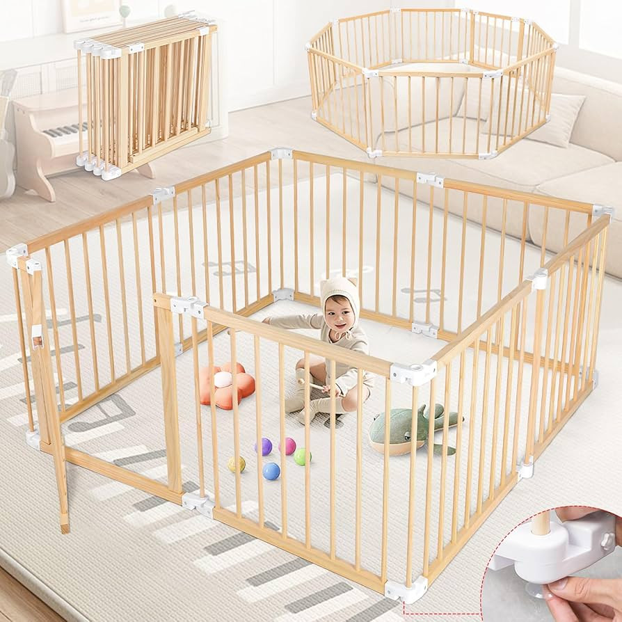8 Panels Wooden Playpen for Babies and Toddlers, Large Size Foldable Baby Playpen,Adjustable Size... | Amazon (US)