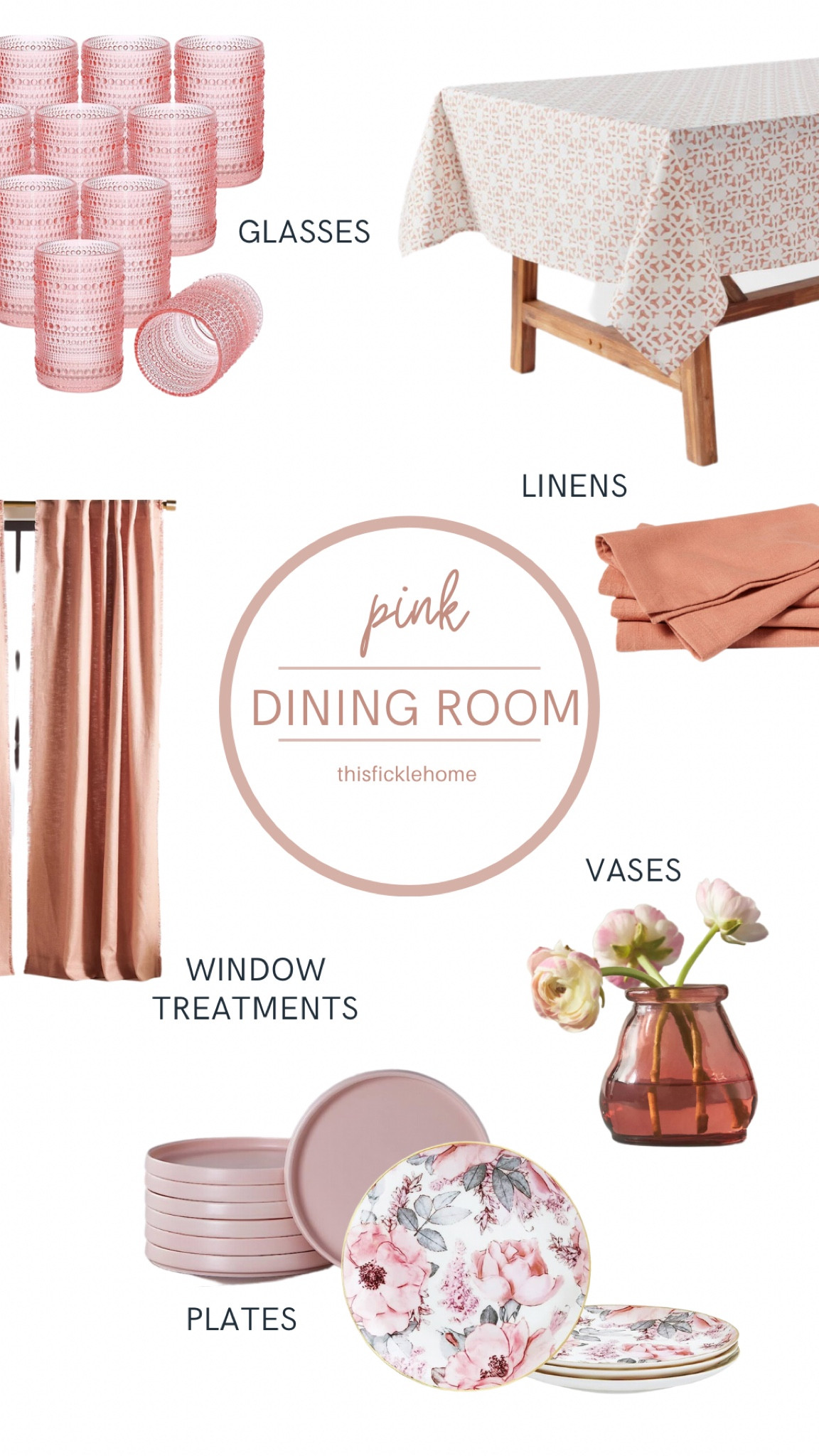 Pink dining room, pink table linens, pink napkins, pink vase, pink curtains, pink glasses, pink tablecloth, pink plates, pink floral plates.

#LTKhome #LTKsalealert