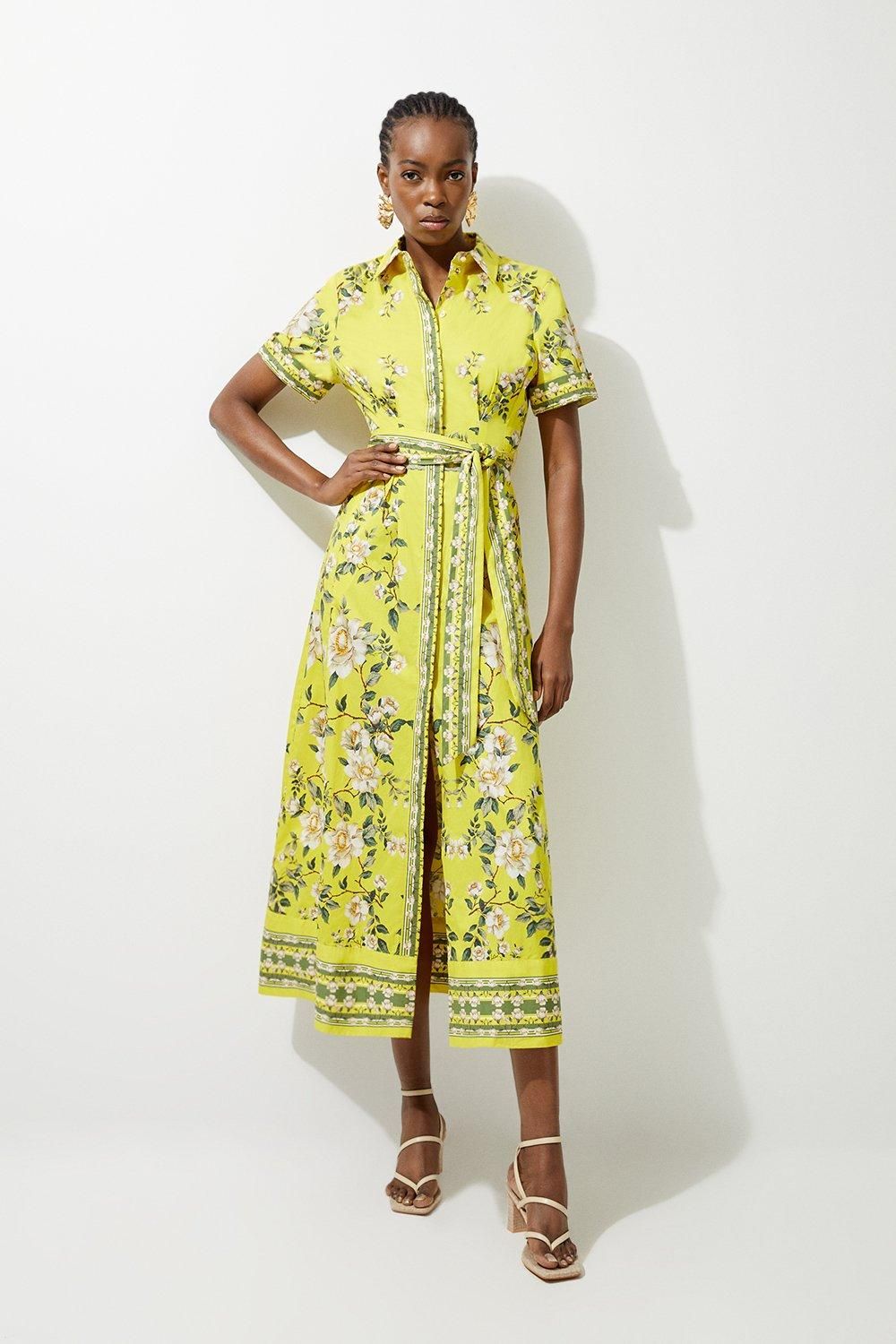 Cotton Sateen Floral Placed Print Woven Midi Shirt Dress | Karen Millen US