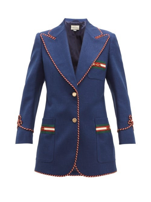 Gucci - Passementerie-trim Single-breasted Slubbed Blazer - Womens - Blue Multi | Matches (US)