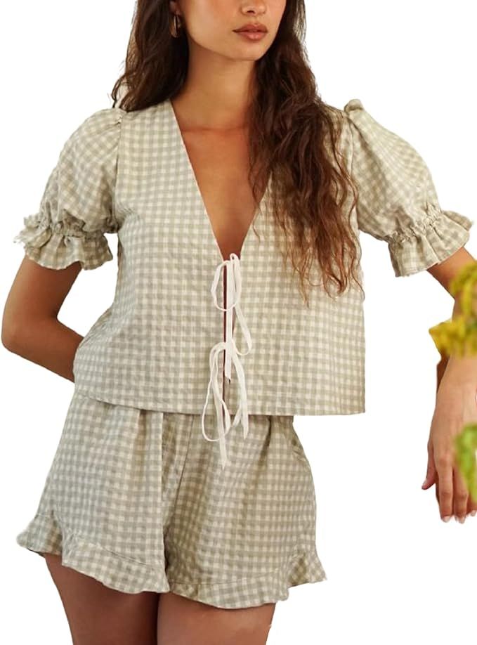 Women Plaid 2 Piece Pajama Shorts Set Tie Front Puff Sleeve Babydoll Shirt Gingham Shorts Pj Set ... | Amazon (US)