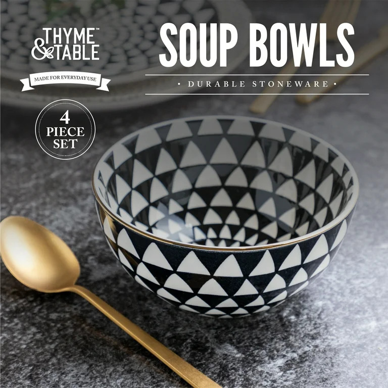 Thyme & Table Dinnerware Black & White Medallion Stoneware Round Bowls, 4 Pack | Walmart (US)