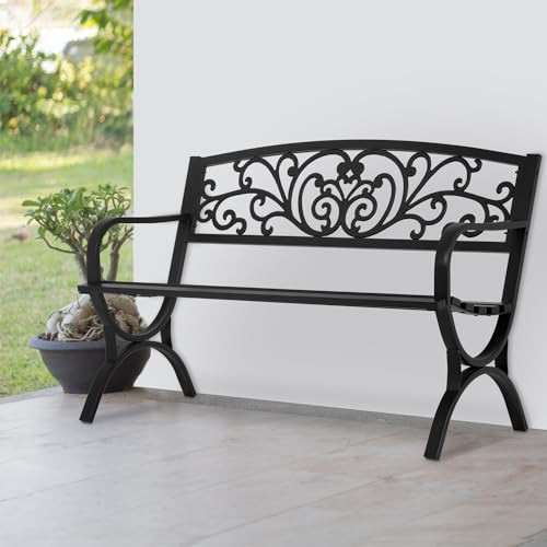 PayLessHere Black Outdoor Metal Loveseat Chairs Patio Garden Bench 50-inch Slatted Seat Armrests Floral Design Plastics Backres Perfect for Park, Yard, Porch, Lawn, Balcony, Backyard | Amazon (US)