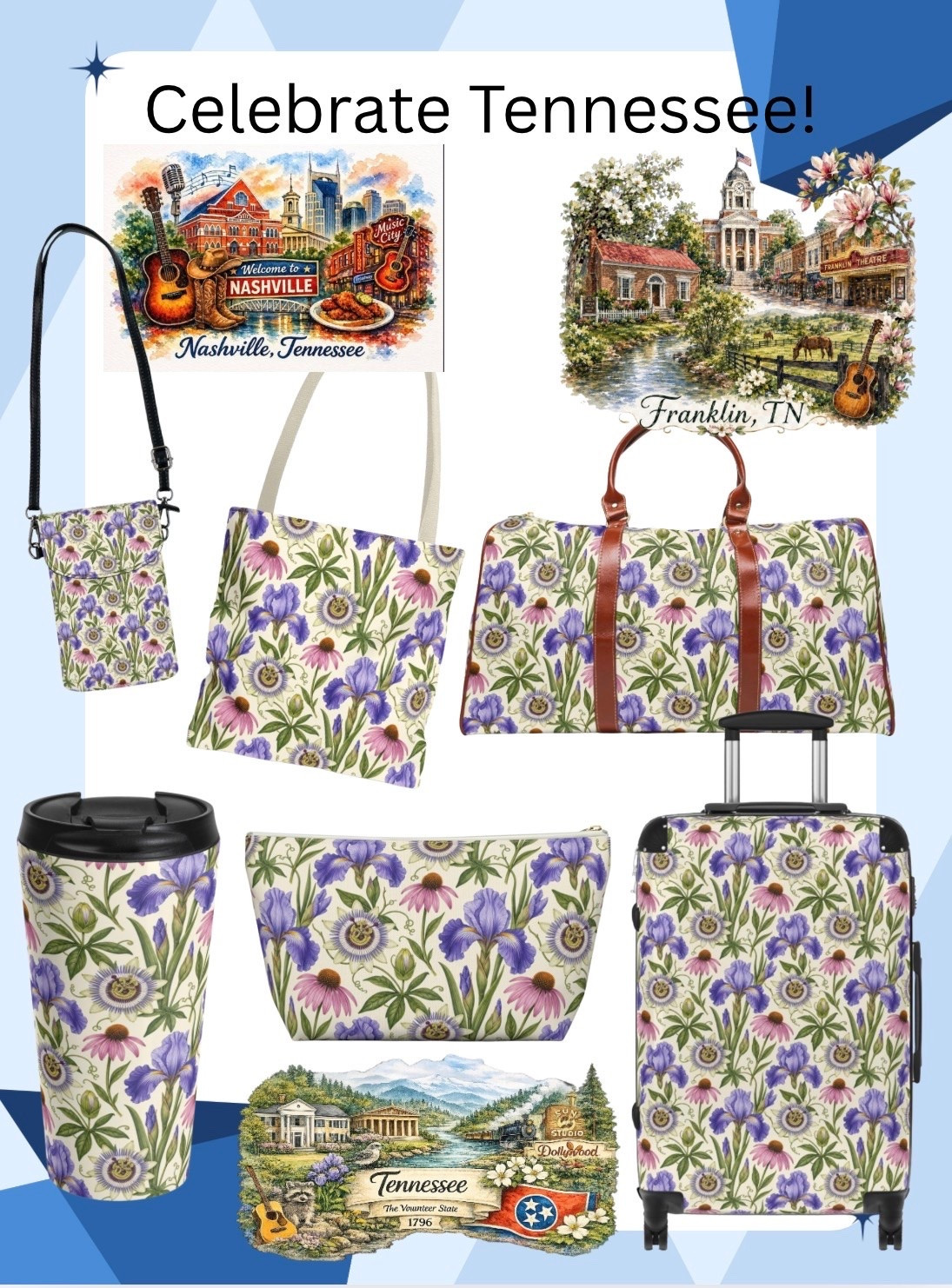 🌸✨ Celebrate the beauty of Tennessee wherever your adventures take you! ✨🌸

Inspired by the Volunteer State, this exclusive collection features a handcrafted Tennessee wildflower pattern showcasing the iconic Tennessee Purple Passionflower, Purple Iris, and Purple Coneflower. Whether you’re strolling through Nashville, exploring the charm of Franklin, visiting Dollywood, or heading out on your next getaway, you’ll carry a little piece of Tennessee with you.

From weekender bags and luggage to totes, travel pouches, drinkware, and crossbody bags, these designs make the perfect gift for Tennessee natives, travelers, and anyone who loves Southern charm.

💜 Designed with Tennessee pride.
✈️ Made for every adventure.

#Tennessee #MadeInTennessee #VolunteerState #TennesseeTravel #NashvilleTN

#LTKTravel #LTKHome