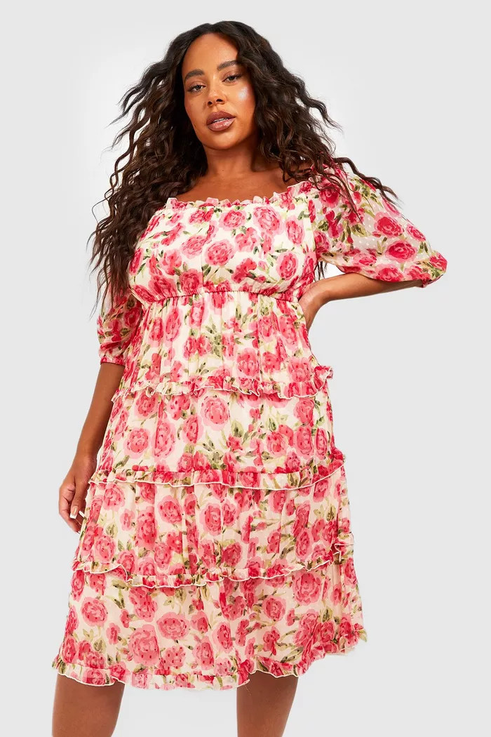 Plus Rose Dobby Mesh Shirred Tiered Midi Dress | Boohoo.com (US & CA)