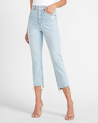 Super High Waisted Ripped Raw Step Hem Straight Jeans | Express