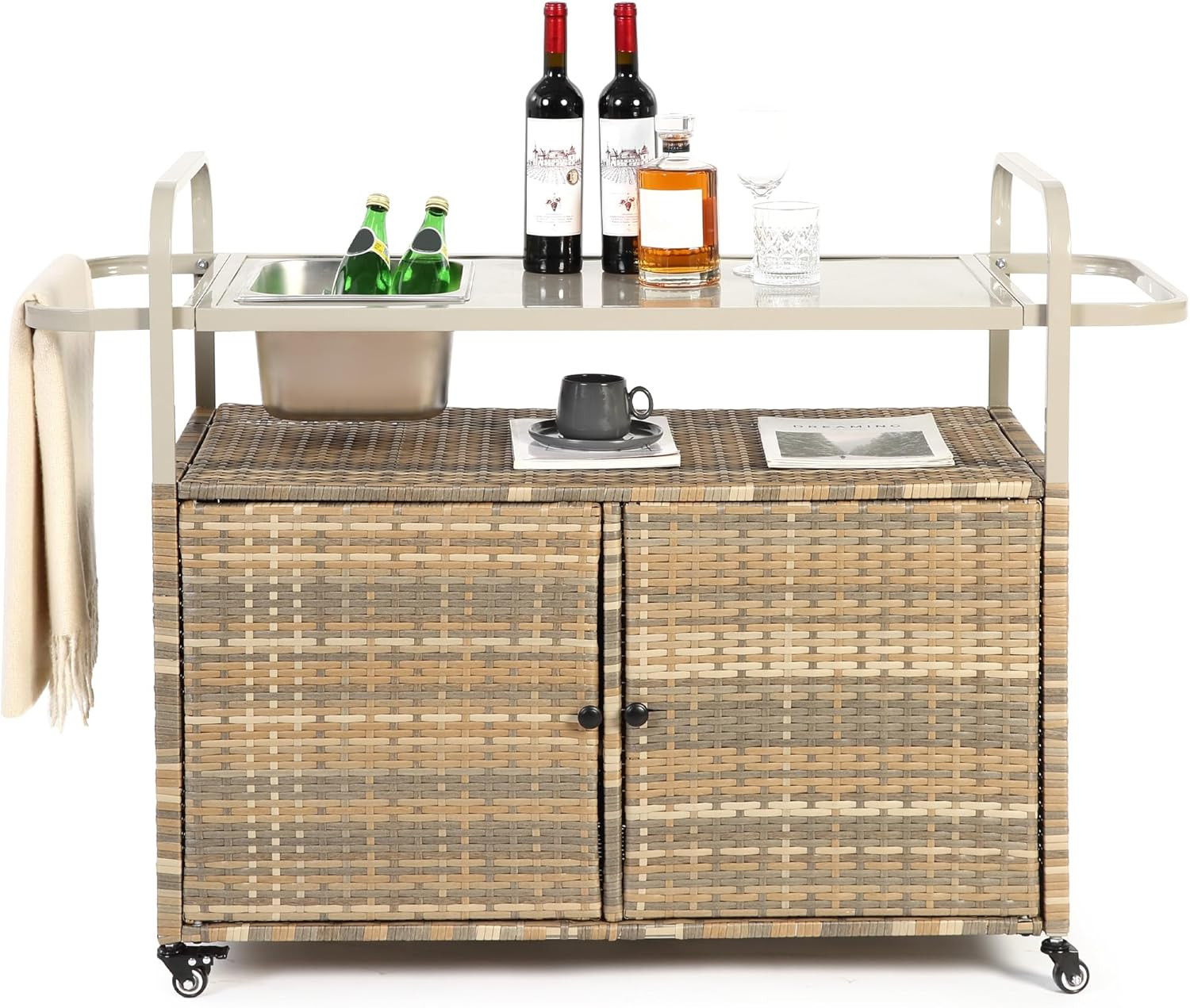 Outdoor Kitchen Island Wicker Serving Console Cart & Grill Bar Table Waterproof with Wheels and Ice Bucket Backyard and BBQ Prep, Brown | Amazon (US)