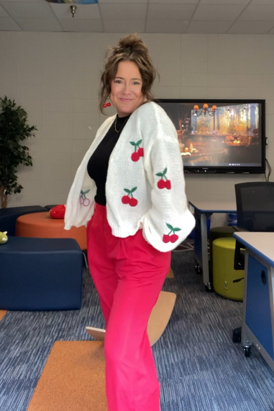 Teacher outfit, cherry sweater, red pants, cherry earrings, teacher OOTD

#LTKSeasonal
