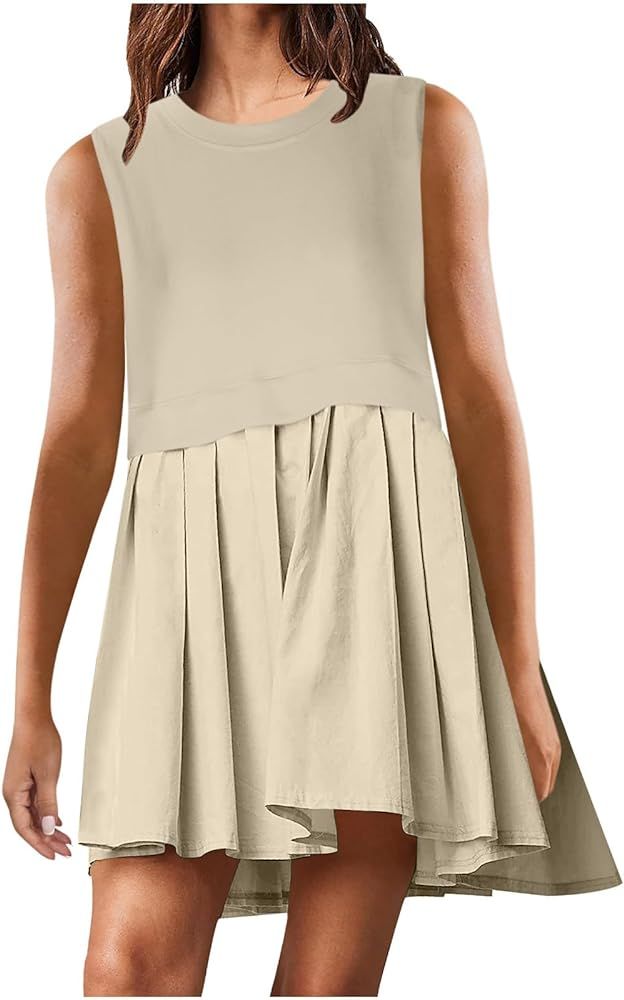 Womens Summer Sleeveless Tank Dress Aline Midi Pleated Flowy Dress Colorful Patchwork Sundress Va... | Amazon (US)