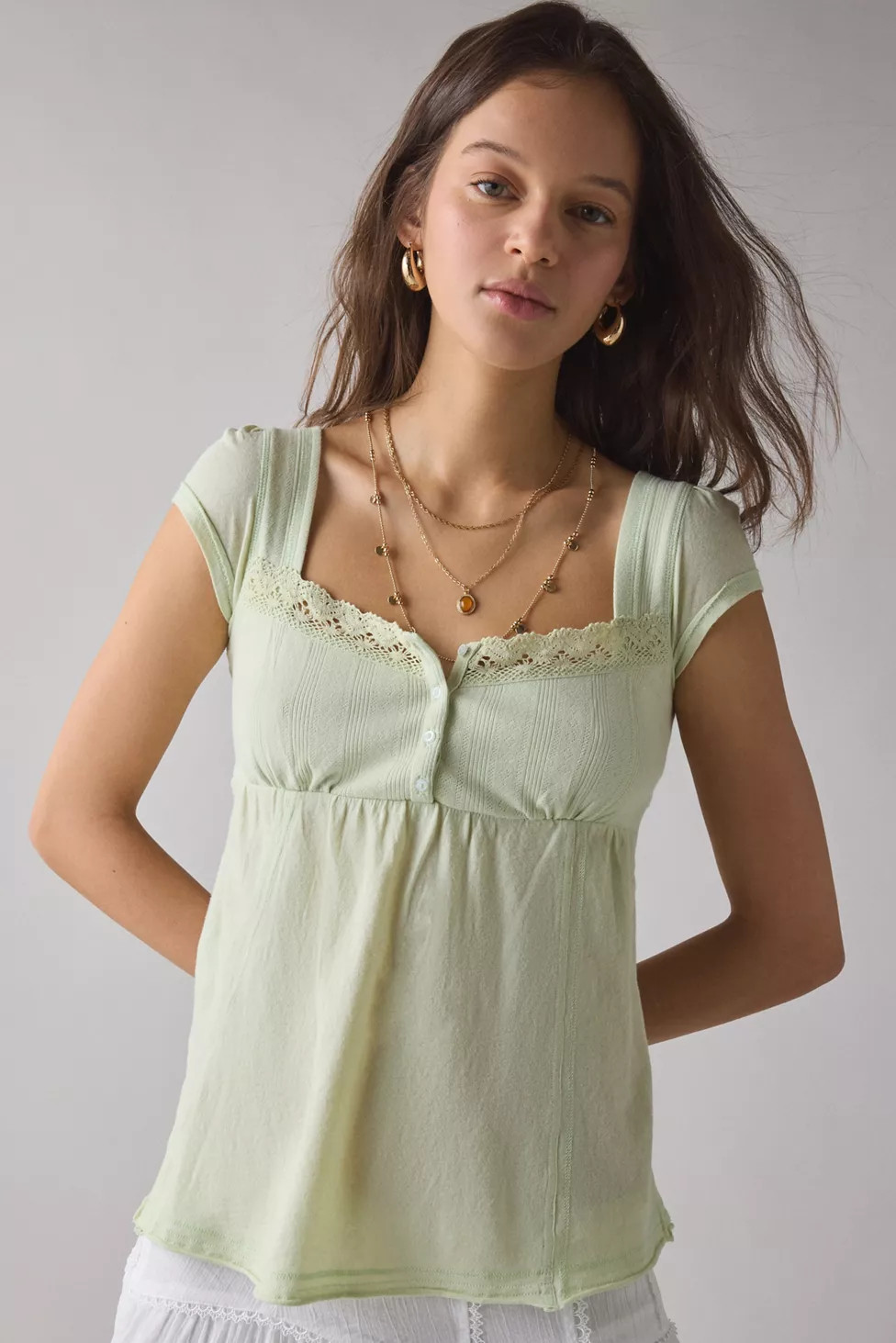 BDG Sawyer Lace Trim Short Sleeve Babydoll Top | Urban Outfitters (US and RoW)