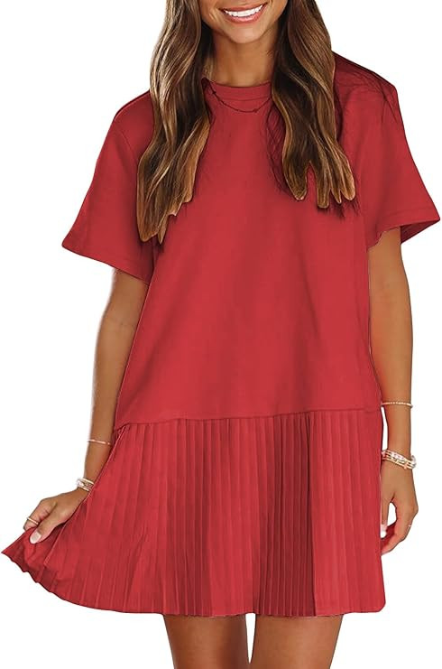 EXLURA Womens 2025 Summer Casual Short Sleeve Dress Crew Neck Tshirt Dresses Patchwork Pleated Al... | Amazon (US)