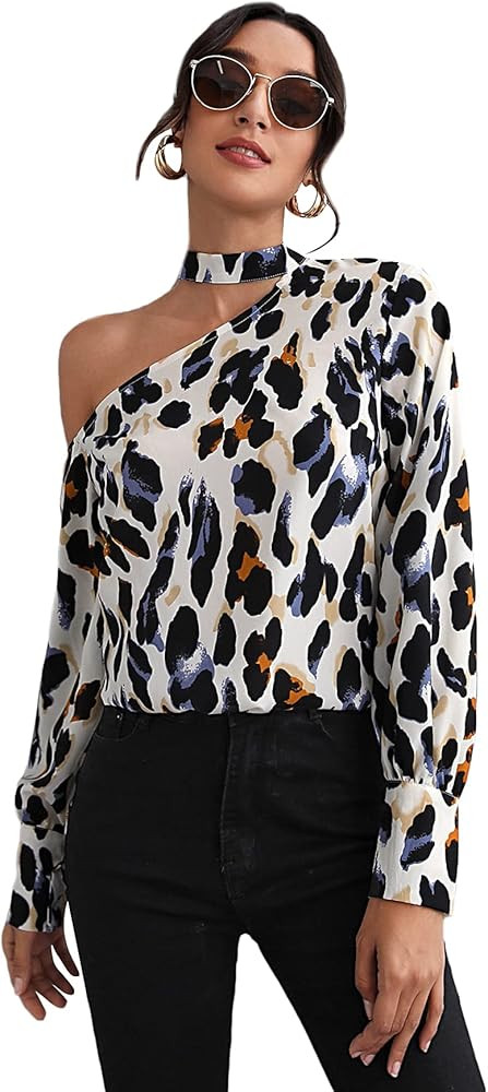 SheIn Women's Cut Out One Shoulder Blouse Long Sleeve Asymmetrical Neck Shirt Top | Amazon (US)