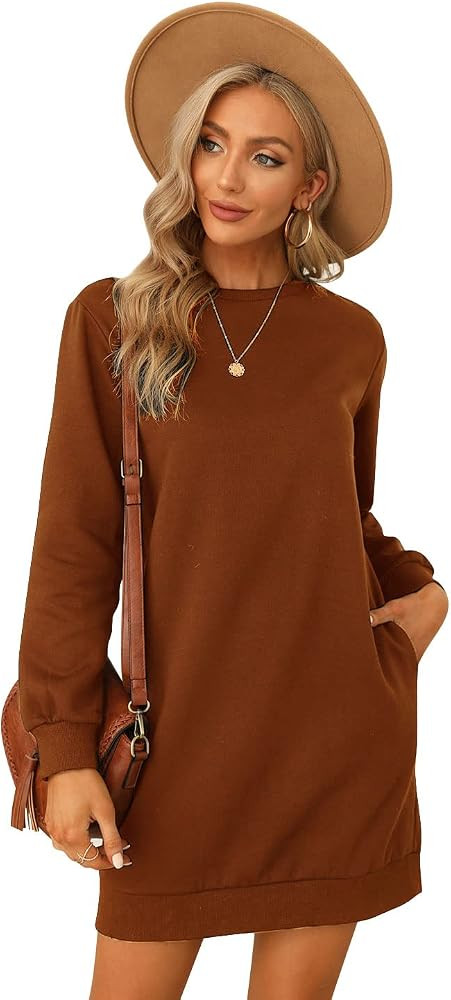 Fangetey Women's Fleece Sweatshirt Dress - Long Sleeve Crewneck Pullover Tops - Solid Color Casua... | Amazon (US)