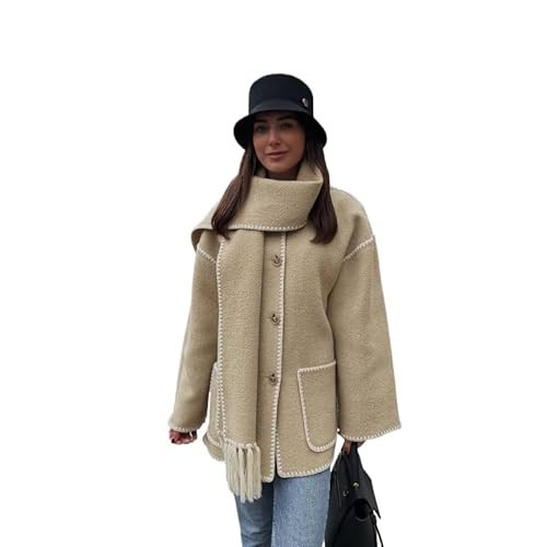 FRQIWLAH Women's tassel scarf wool coat two-piece set loose button open top wool coat jacket (apricot,Small) | Amazon (US)