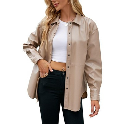 Women's PU Leather Jacket Shacket Button Down Lapel Blazer Coat with Bust Pocket Khaki S | Target