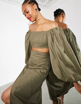 ASOS EDITION khaki off shoulder crop top and midaxi skirt split co-ord | ASOS (Global)