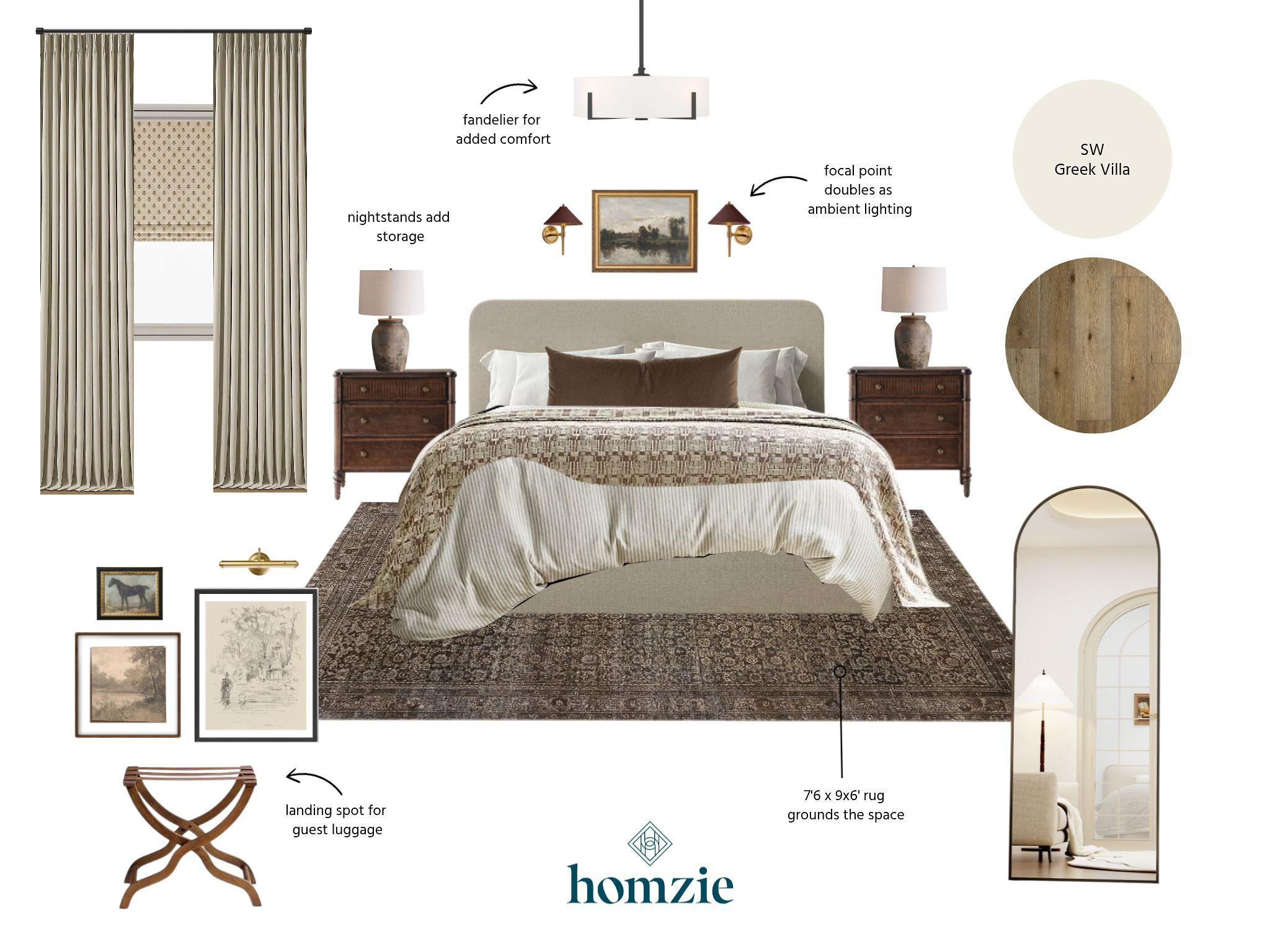 A guest bedroom designed to make every visitor feel right at home. 🤍✨

Soft neutral layers, rich wood accents, and timeless details create a space that's both welcoming and refined. Floor-to-ceiling drapery paired with Roman shades adds warmth and softness, while a richly patterned rug grounds the room with texture. Coordinating nightstands, ambient wall sconces, and layered lighting create a cozy atmosphere, and thoughtfully curated artwork gives the room a collected, personal feel. A luggage bench adds a practical finishing touch, making every stay as comfortable as it is beautiful. 

 #LTKHome #GuestBedroom #BedroomDesign #NeutralHome #InteriorDesign #HomeDecor #TimelessStyle #BedroomInspo #LTKCreator
