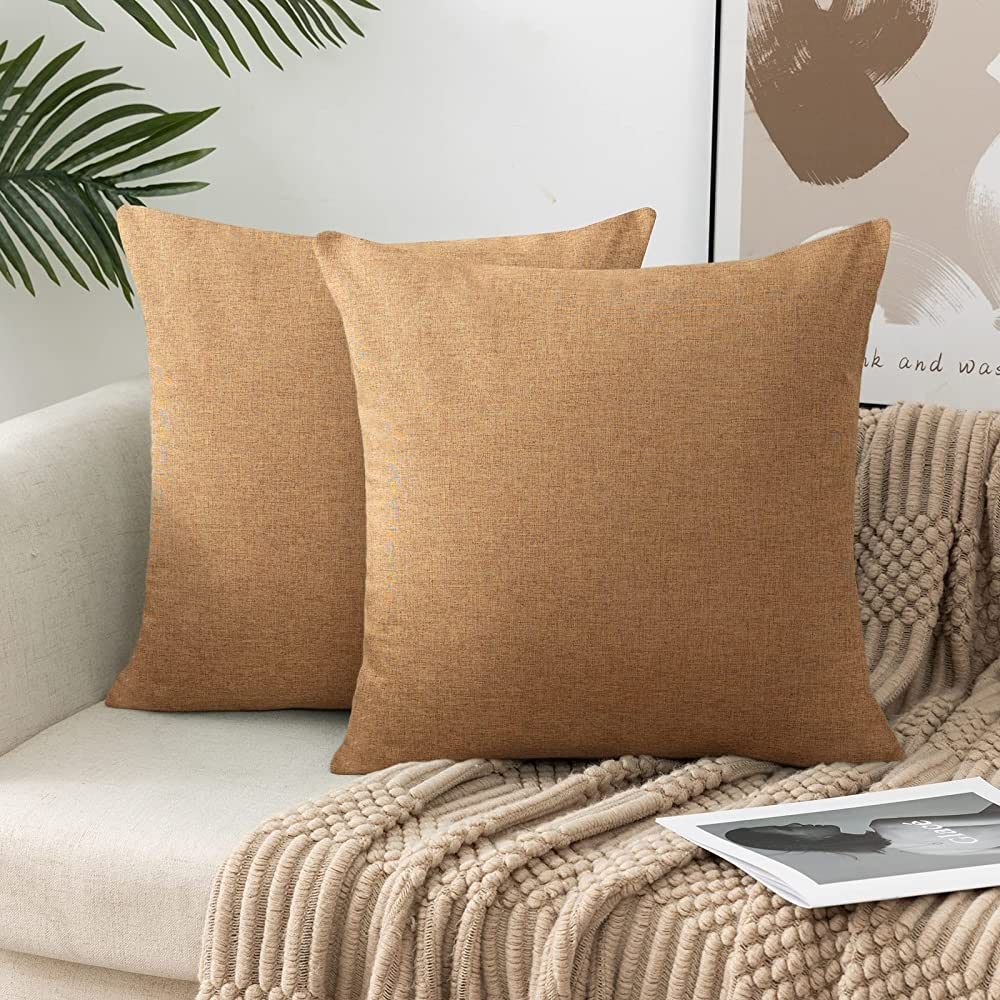 fokusent Light Brown Throw Pillow Covers 18x18 Set of 2 Farmhouse Couch Pillow Covers Linen Home ... | Amazon (US)