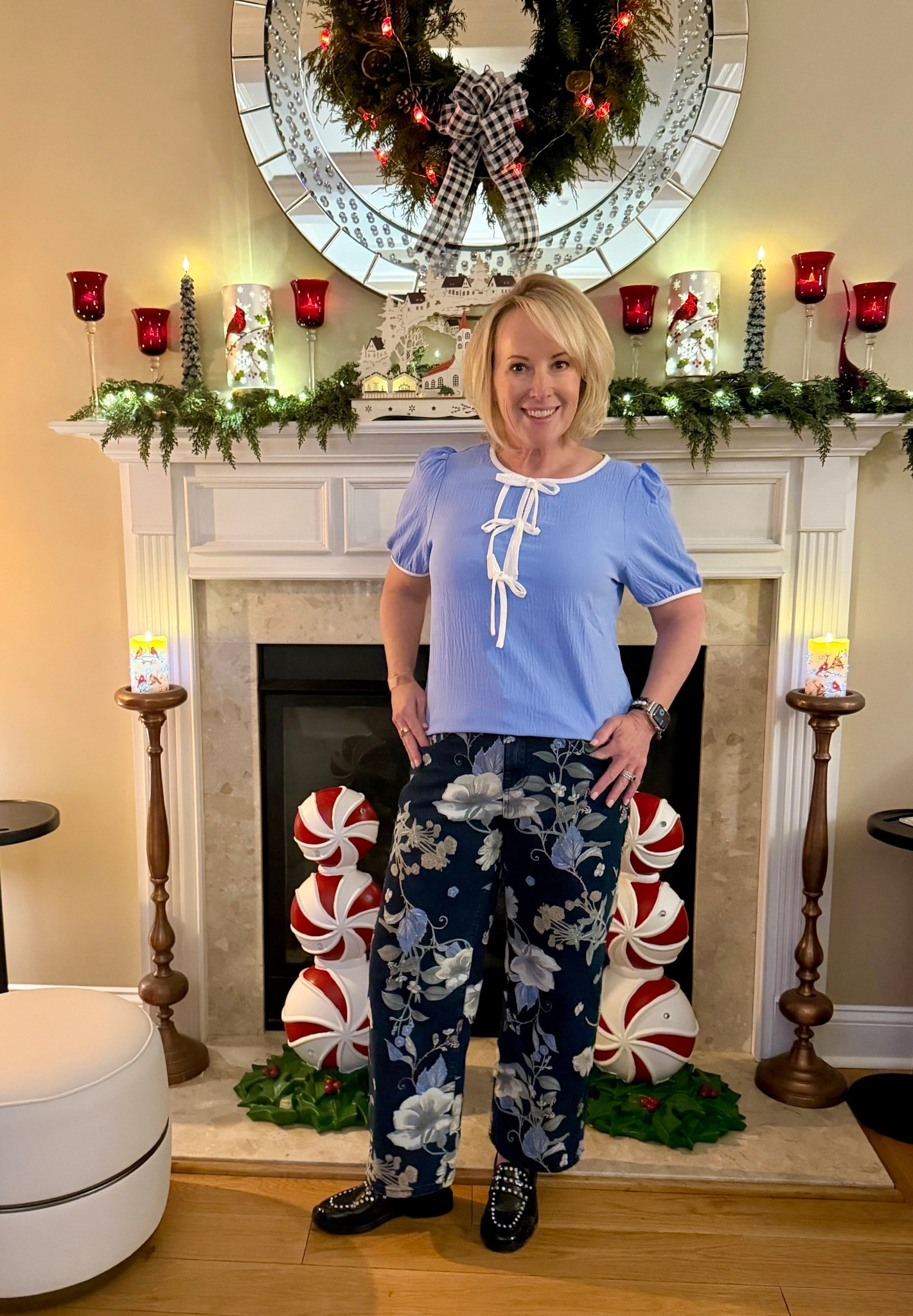 One of my favorite spots in the house ❤️ Love our mantel all decked out in holiday decor! 

To get into the holiday spirit, I paired this adorable bow top with my favorite new floral embroidered pants. Both of these pieces are from Amazon and are available at a great price! I topped off this look with these studded leather loafers from Walmart which I’ve been wearing nonstop this season! 

Shop my look and the holiday decor to bring a little festivity into your home!🎄

#LTKHoliday #LTKFindsUnder50 #LTKSeasonal