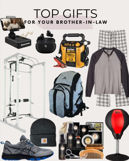 Best gifts for your brother-in-law include pajama bottoms, pajama shirt, desktop punching bag, beats wireless headphones, beard grooming kit, cell phone stand with Bluetooth speaker, Carhartt beanie, ASICS shoes, jump starter, PROGEAR 310 Olympic Lat Pull Down and Low Row Cable Attachment, and backpack.

Gift guide, gifts for him, brother gifts, gifts for brother, Christmas gifts, Christmas gift idea

#LTKmens #LTKstyletip #LTKunder100