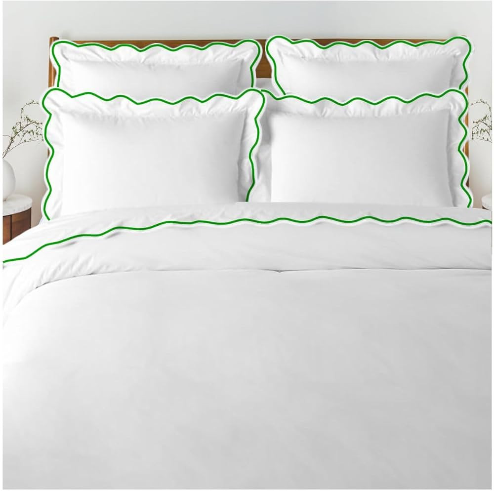 Scalloped Trim Duvet Cover & Shams 100% Cotton Sateen 400 Thread Count (TwinTwin XL, Green Scallo... | Amazon (US)