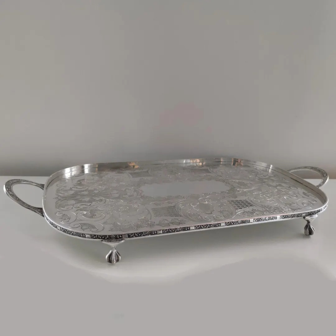 Vintage English Silver Plated Rectangular Tray with Claw Feet and Handles, Chased Floral Design. ... | Etsy (US)