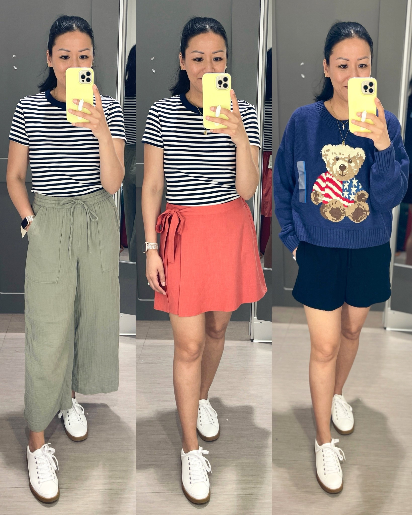 Size medium striped top (Old Navy)
Sized up to large in teddy bear sweater
Size small cropped pants
Size small skirt
Size small shorts
Sneakers are true to size


#LTKSeasonal #LTKFindsUnder50 #LTKSaleAlert