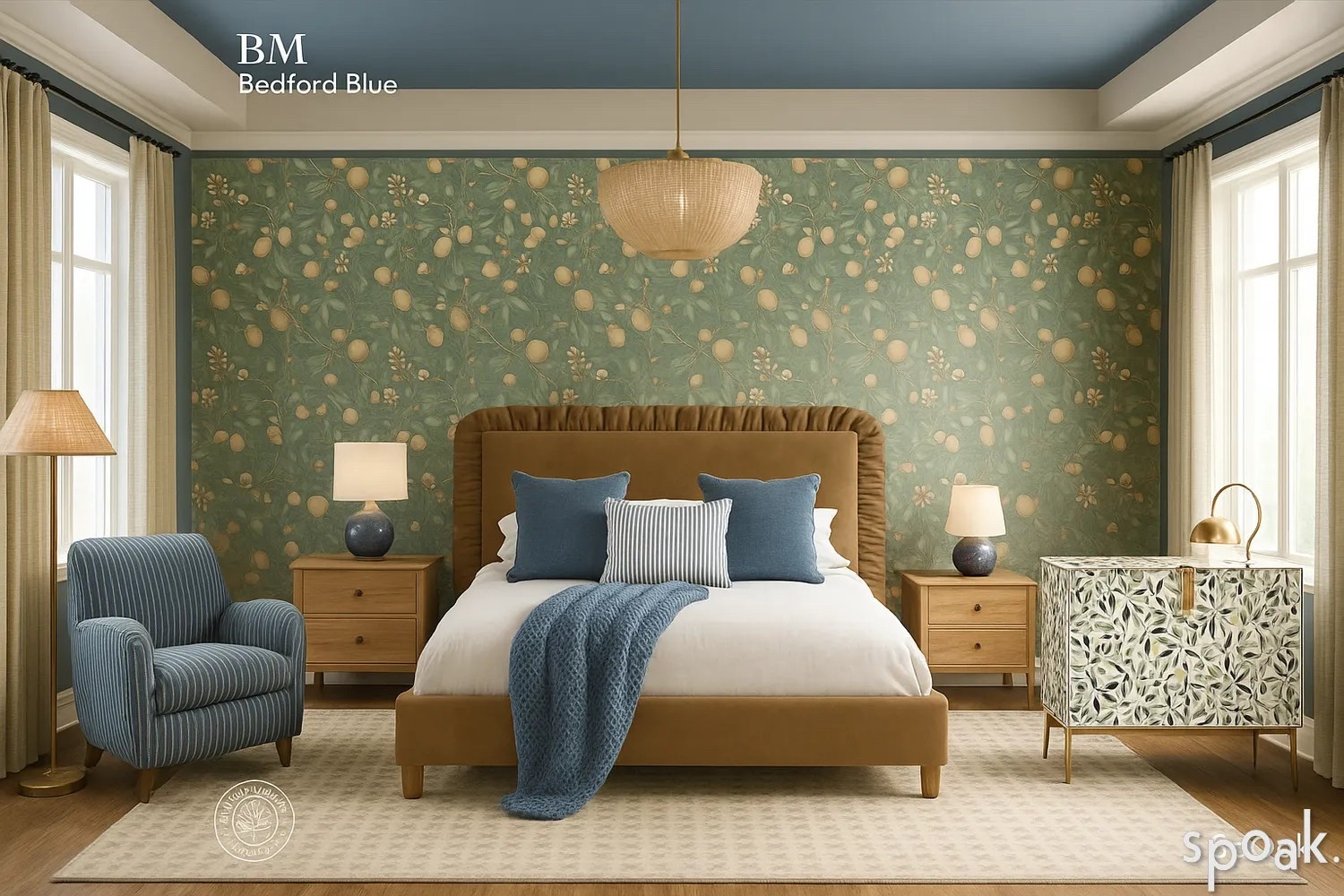 What do you think about this maximalist bedroom? This is a photorealistic rendering. I love the gorgeous queen bed from Lulu & Georgia, beautiful sideboard, floral wallpaper, neutral rug, striped accent chair and rattan lighting. #bedroomdesign #homedecor 

#LTKStyleTip #LTKSeasonal #LTKHome