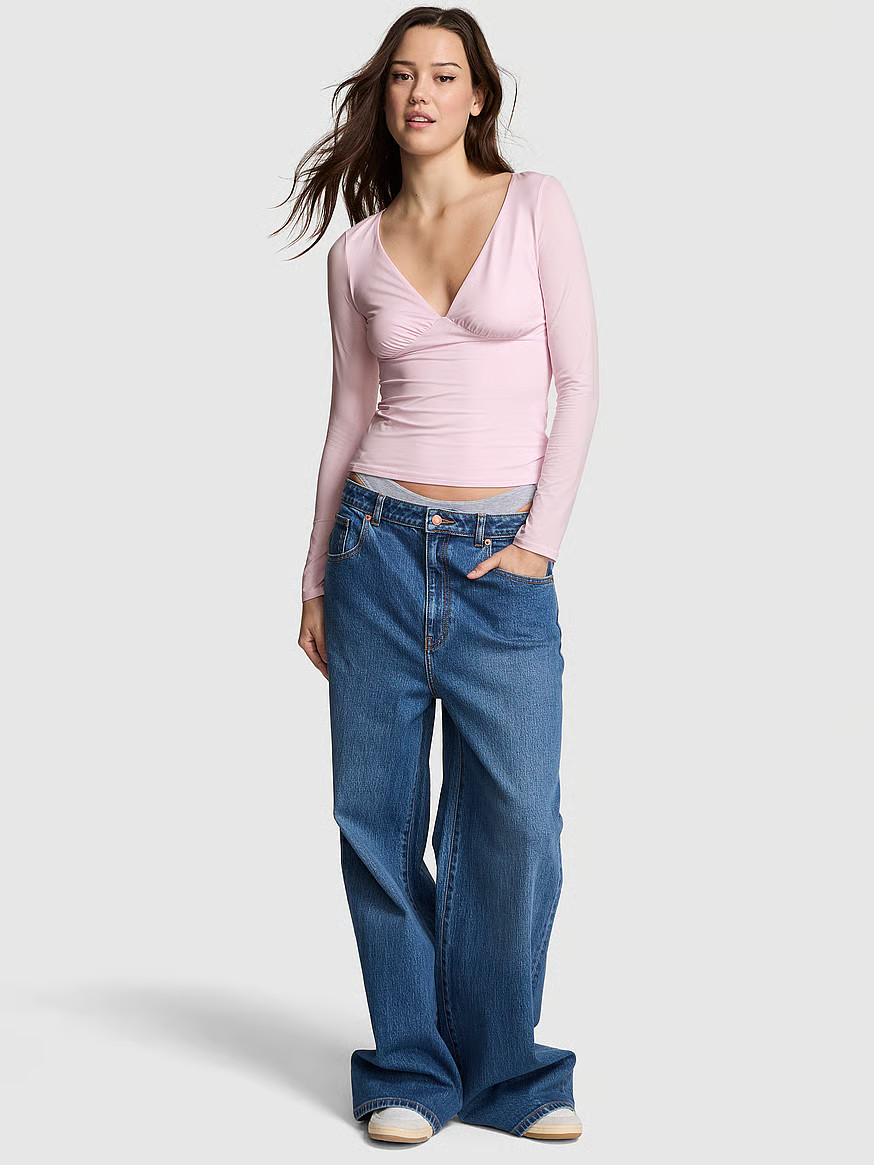 Buy Base Stretch Ruched Long-Sleeve Tee, Pink Tulip - Order Tops online - PINK US | Victoria's Secret (US / CA )