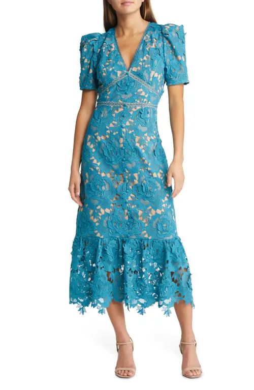 Adelyn Rae Wanda Floral Lace Puff Sleeve Dress in Teal at Nordstrom, Size Small | Nordstrom